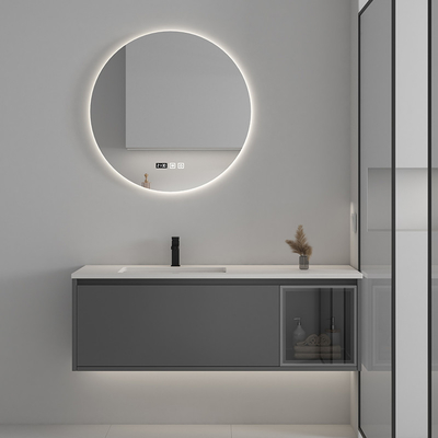 タッチ画面LEDミラーが付いている3つのドアの純木の浴室用キャビネット